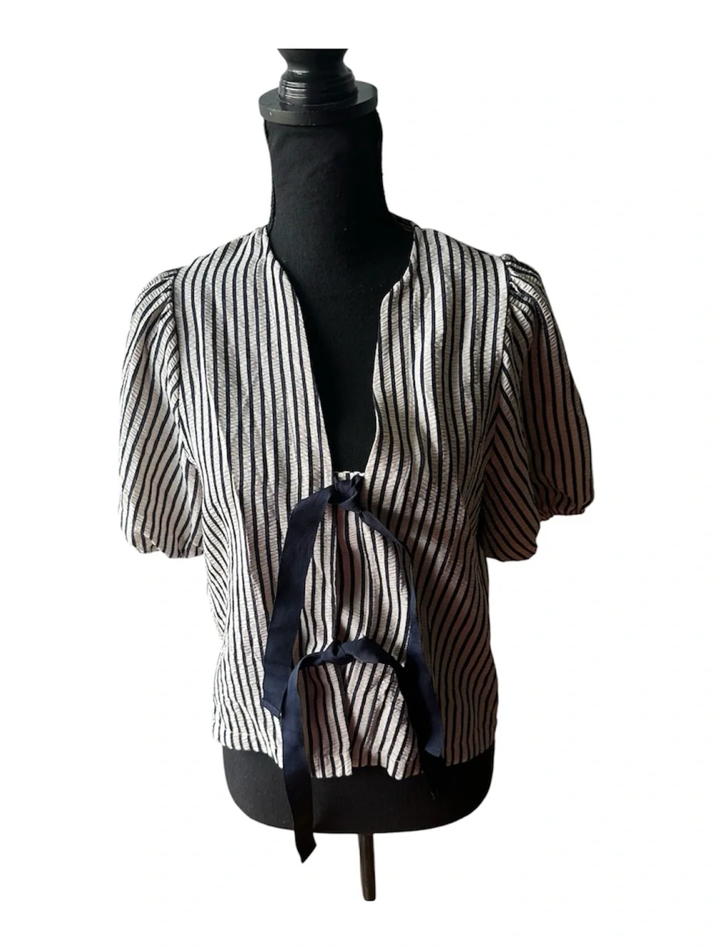 Zara Navy Ecru Stripe Puff Sleeve Tie Front Plunge Blouse Chic Top Size S